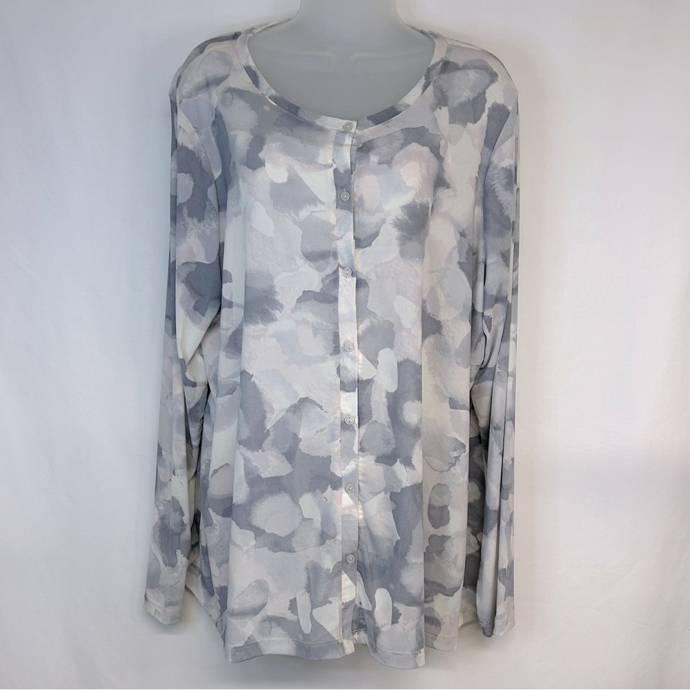 LOGO Lori Goldstein Button Up Top Shirt XL Stretch Semi Sheer Long Sleeve Artsy